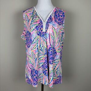 Lulu B Tank Top Womens XL Pink‎ Colorful Sleeveless Multicolor Pineapple Crochet